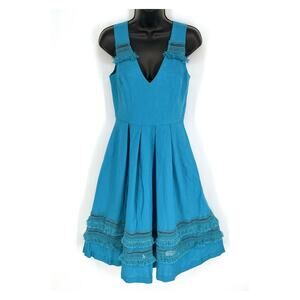 Badgley Mischka Belle Linen Fringe Dress Crochet Size 0 Aqua Marine Blue